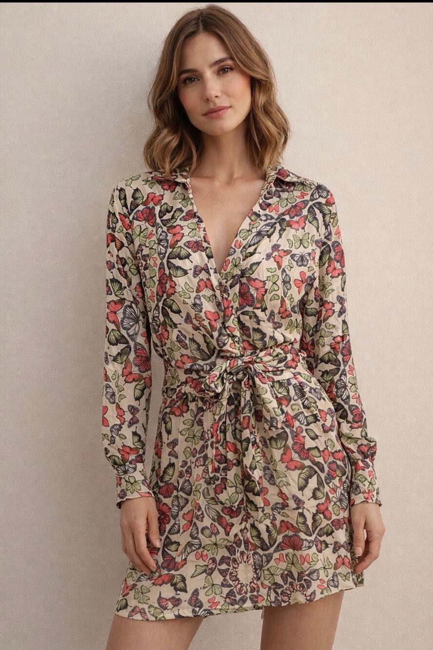 Bailey/44 Butterfly Print Long Sleeve Tie-Front Mini Shirt Dress